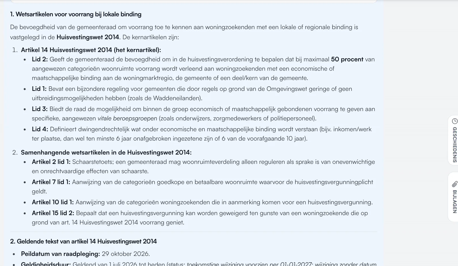 Opname uit BEVER: artikel 14 van de Huisvestingswet 2014 letterlijk geciteerd. Een klik op de verwijzing opent de documentweergave van Overheid.nl met artikel 14 gemarkeerd.
