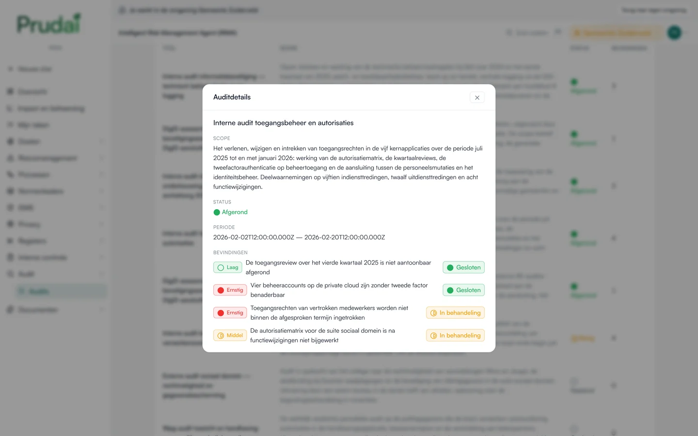 De interne audit toegangsbeheer en autorisaties in IRMA: scope, status, periode en bevindingen. Demo-omgeving van een fictieve gemeente.