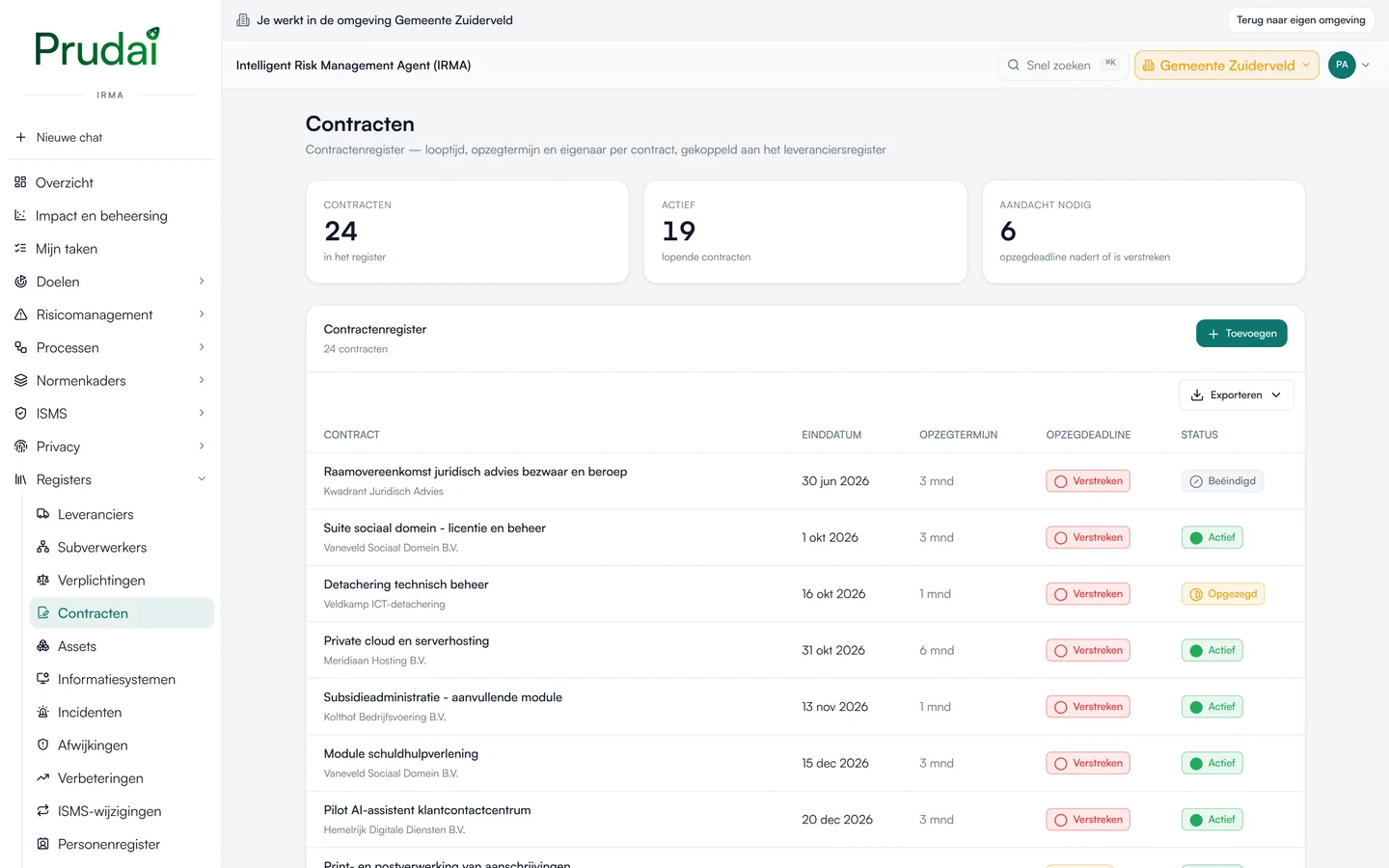 Het contractenregister van IRMA: 24 contracten, 19 actief en 6 met aandacht nodig, met per contract de einddatum, de opzegtermijn, de opzegdeadline en de status. Demo-omgeving van een fictieve gemeente.