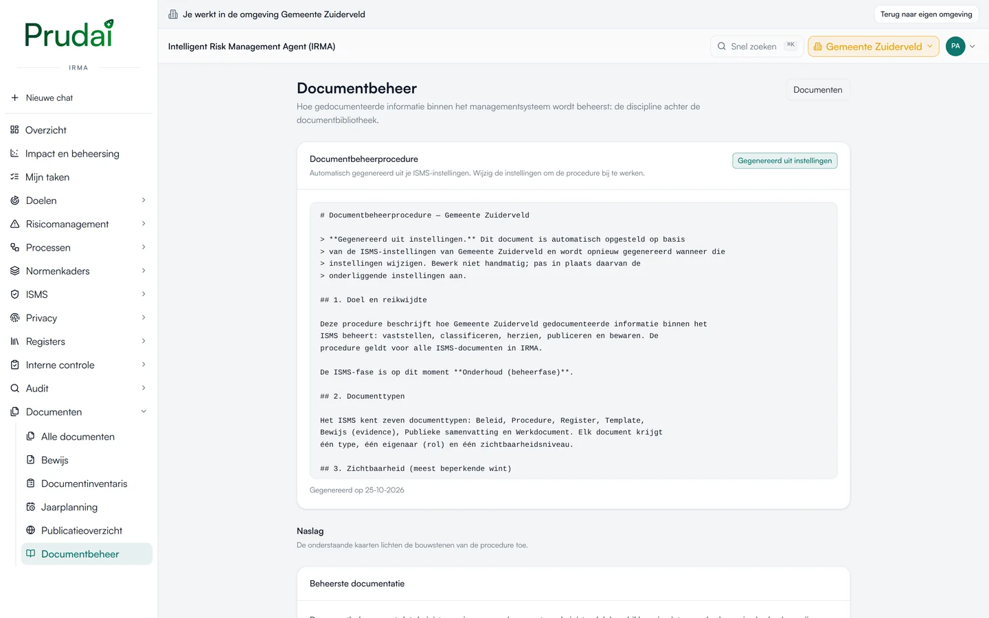 De documentbeheerprocedure in IRMA, automatisch opgesteld uit de instellingen van het managementsysteem. Demo-omgeving van een fictieve gemeente.