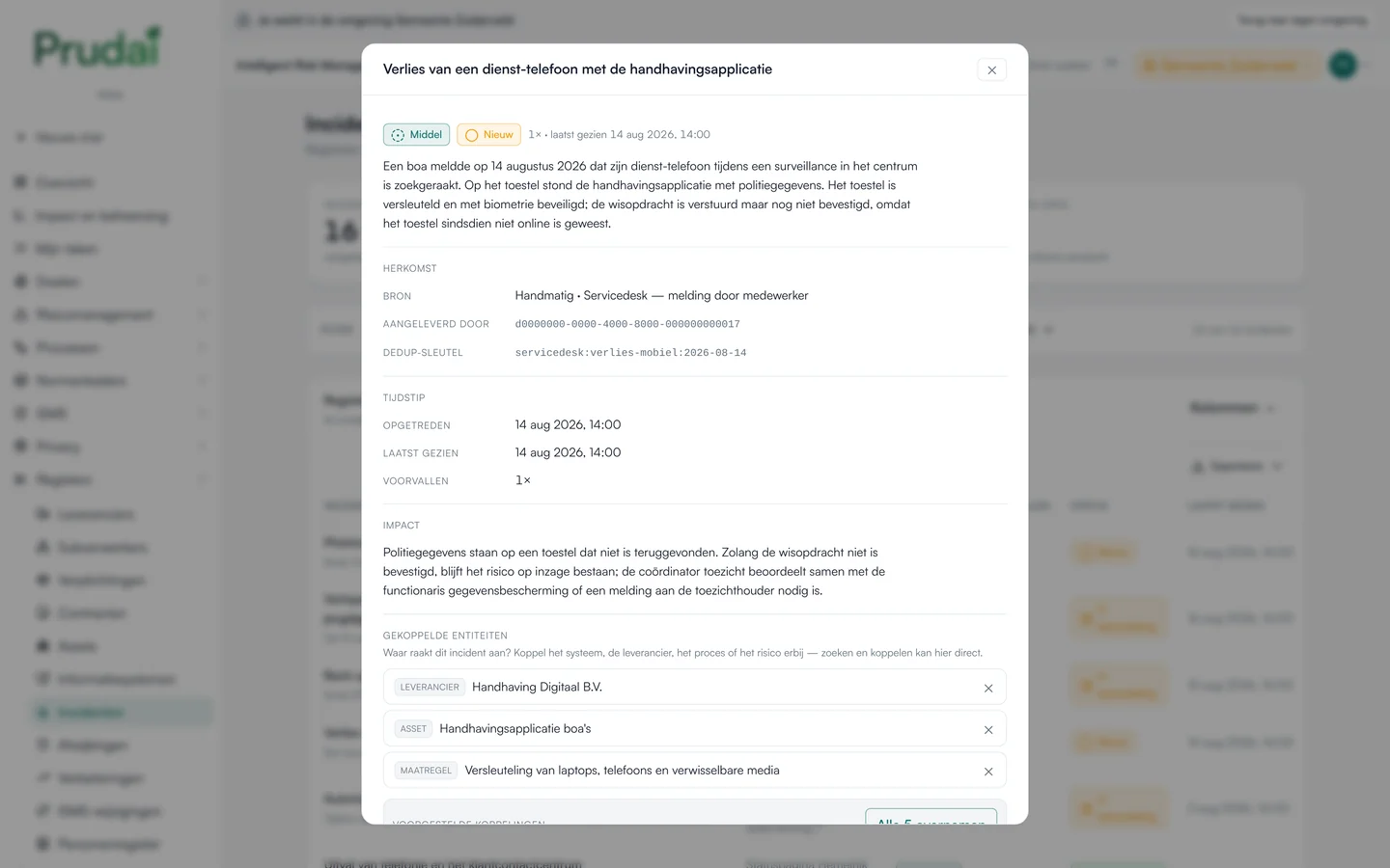 Een incident in IRMA, het verlies van een dienst-telefoon: ernst, status, beschrijving, herkomst, tijdstip, impact en de gekoppelde leverancier, asset en maatregel. Demo-omgeving van een fictieve gemeente.