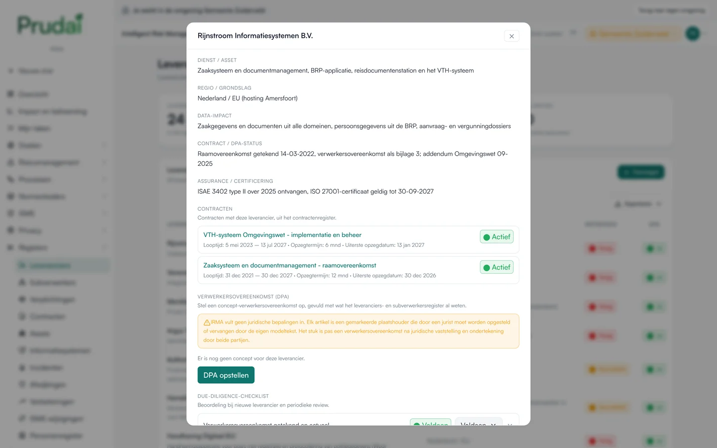 Een leverancier in IRMA met dienst, regio, data-impact, contract- en DPA-status, assurance, de gekoppelde contracten en het begin van de due-diligence-checklist. Demo-omgeving van een fictieve gemeente.