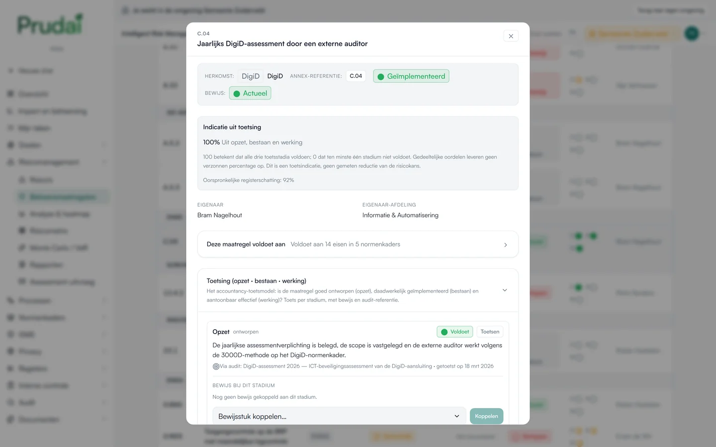 Een beheersmaatregel in IRMA, het jaarlijkse DigiD-assessment door een externe auditor: status geïmplementeerd, bewijs actueel, toetsindicatie 100 procent en de eigenaar. Demo-omgeving van een fictieve gemeente.