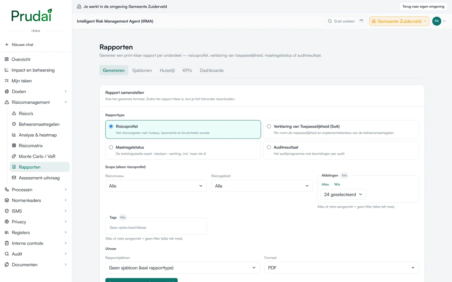 Een rapport samenstellen in IRMA: risicoprofiel, Verklaring van Toepasselijkheid, maatregelstatus of auditresultaat, met scope, sjabloon en formaat. Demo-omgeving van een fictieve gemeente.