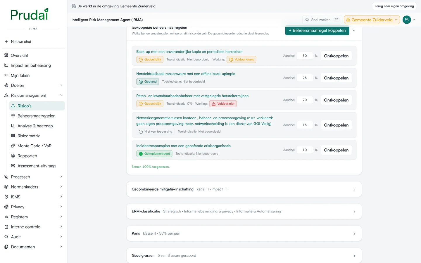 De gekoppelde beheersmaatregelen bij een risico, met status, toetsindicatie en werking, en de gecombineerde mitigatie. Demo-omgeving van een fictieve gemeente.