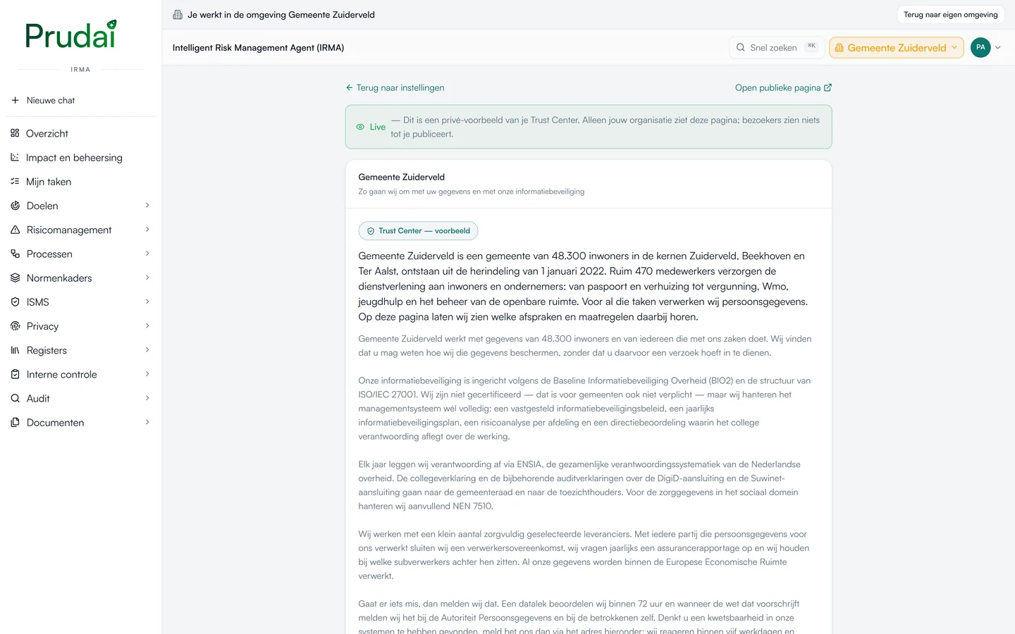 Het voorbeeld van een Trust Center in IRMA: de publieke pagina waarop de organisatie laat zien hoe zij met gegevens en informatiebeveiliging omgaat. Demo-omgeving van een fictieve gemeente.
