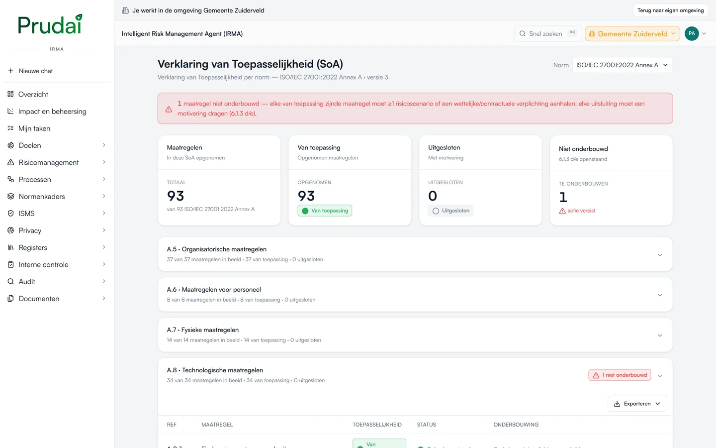 De Verklaring van Toepasselijkheid in IRMA voor ISO/IEC 27001:2022 bijlage A: 93 maatregelen, van toepassing of uitgesloten, met onderbouwing. Demo-omgeving van een fictieve gemeente.
