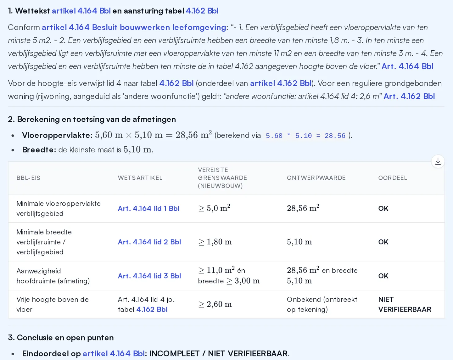 Antwoord van VERA in de chat: artikel 4.164 Bbl letterlijk geciteerd, een tabel met per lid de eis, de ontwerpwaarde en het oordeel, en de vrije hoogte als niet verifieerbaar open punt