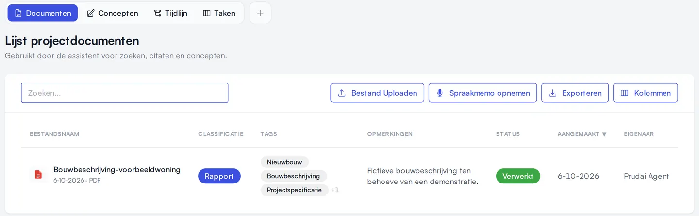 Een project in VERA met de tabbladen Documenten, Concepten, Tijdlijn en Taken, en een geüploade PDF met classificatie, tags en status verwerkt