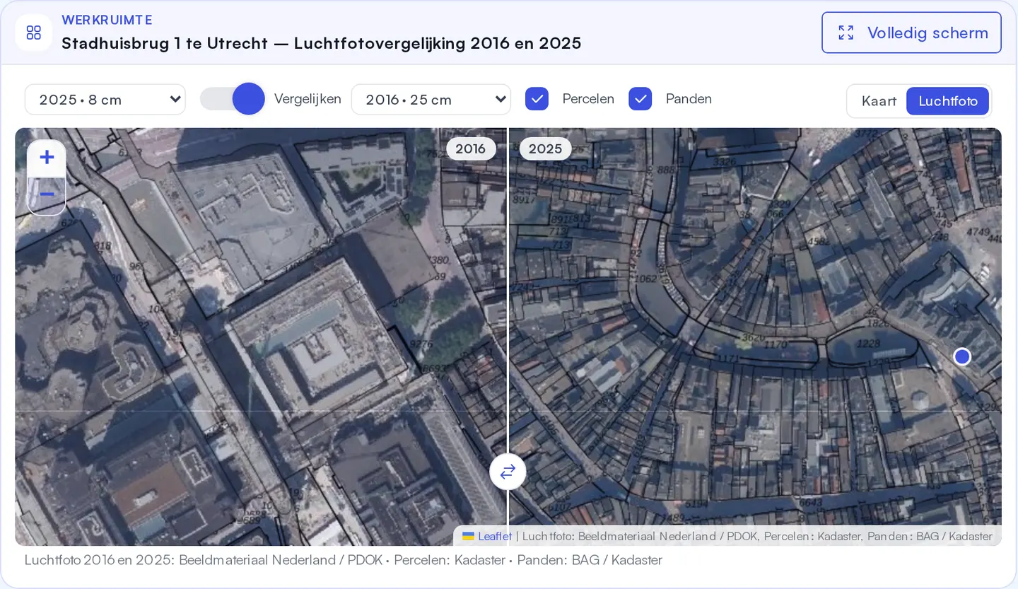 De kaart in VERA: luchtfoto's van 2016 en 2025 naast elkaar met een schuif, met de kadastrale percelen en de panden uit de BAG erover, en keuzes voor jaar en resolutie