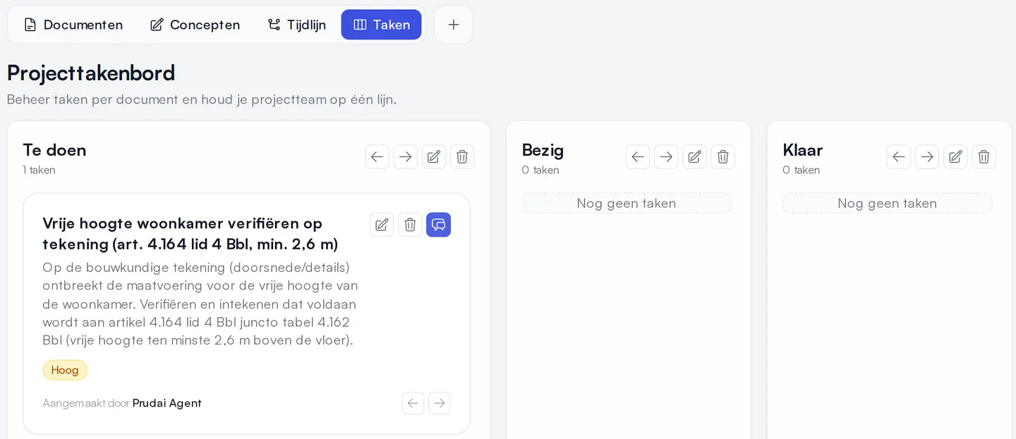 Het takenbord van een project in VERA met de kolommen Te doen, Bezig en Klaar, en een taak die VERA aanmaakte voor het open punt over de vrije hoogte