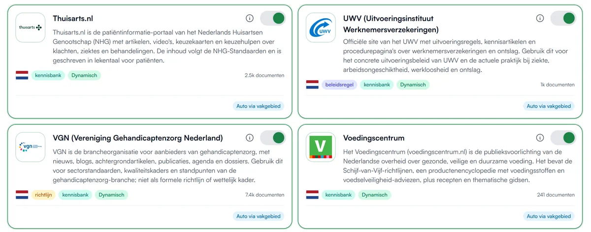 Overzicht van praktijkbronnen in ZIA, zoals Thuisarts.nl, UWV, VGN en het Voedingscentrum, elk met een schakelaar en het aantal documenten.