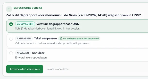Bevestigingsvraag in ZIA: zal ik dit dagrapport wegschrijven in Ons, met de keuzes goedkeuren, aanpassen en afwijzen.
