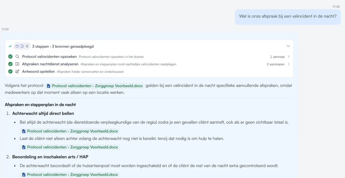 Vraag aan ZIA: wat is onze afspraak bij een valincident in de nacht. Het antwoord noemt de stappen uit het protocol, met de bron erachter.