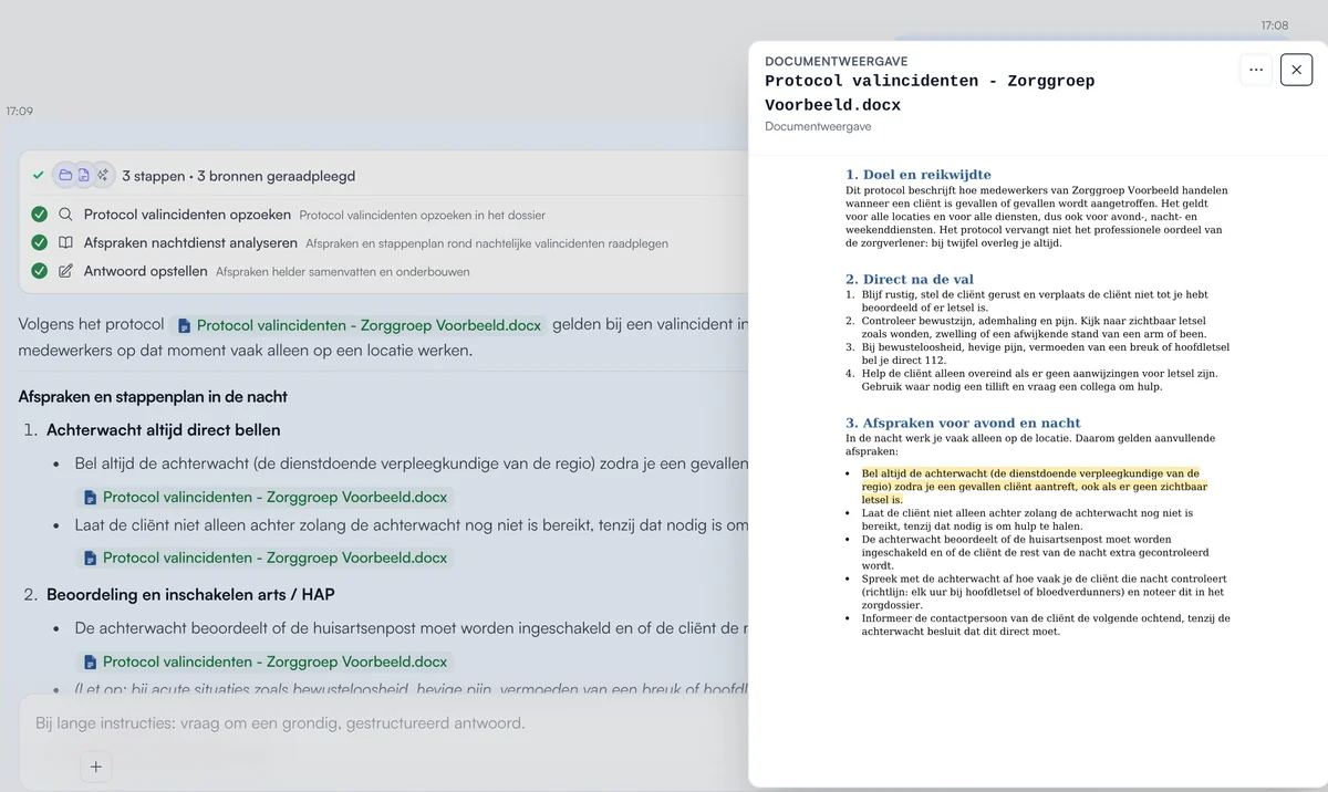 Het protocol naast het antwoord, met de passage over de afspraken voor avond en nacht gemarkeerd.