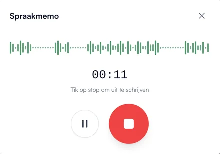 Opnamevenster van ZIA met een geluidsgolf, een teller op 00:11 en de knoppen om te pauzeren en te stoppen.